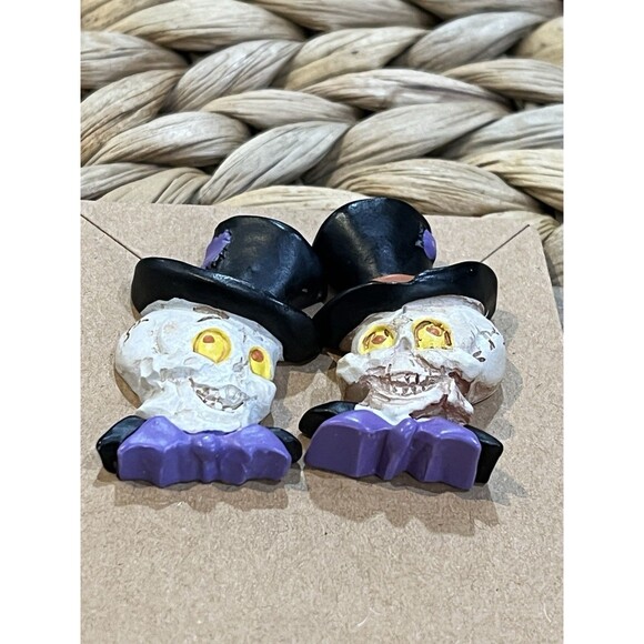 Vintage Halloween Resin Skeleton In Top Hats W/ Bat Bow Ties Gothic Punk Purple - Picture 4 of 8